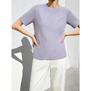 AMII | Summer New Casual Round Neck Ribbed Cotton T-Shirt