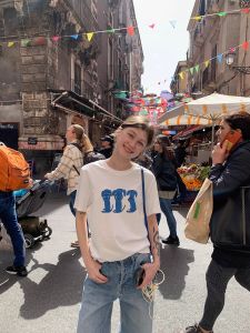 Kernel Cosmos Happy Puppy Casual Color Block Short Shoulder T-Shirt Versatile Cotton round Neck Top for Young Women Summer Wear