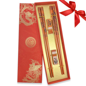 2 Pairs Chinese Dragon Phoenix Wooden Chopsticks Premium Gift Set with Stand for Wedding Christmas Valentine‘s Thanksgiving