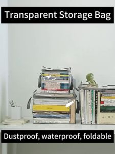 Book Storage Bag Transparent Dust Proof Collection Stackable Case Foldable Bag with Zipper Handle