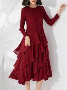 Spring Autumn Three-fold Wind Long Sleeve Womens Dress Layered Pleated Slimming Cake Skirt Commute Elegant Style Polyester Fabric