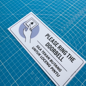 Please Ring the Doorbell. Sila Tekan Butang Loceng Pintu. Premium Sticker Sign Signage. Hand Press Door Bell Button.