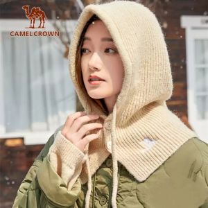 หมวกเสื้อถักสวมศีรษะมงกุฎอูฐผ้าพันคอหมวกคลุมหัวสำหรับฤดูหนาวหมวกขนสัตว์แบบอบอุ่นแบบ All-In-One