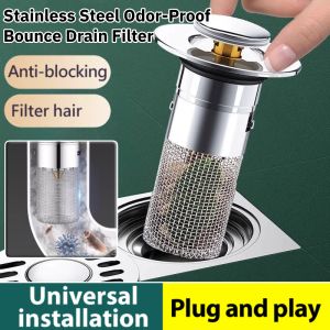 New Stainless Steel Odor-Proof Bounce Drain Filter Sink Anti-clogging Filter Washbasin Plug Hair Catcher Deodorizing Insect Repellent