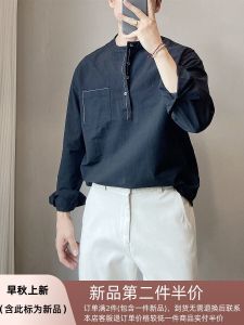 Fresh Literature and Art Stand Collar Long Sleeves Cotton Shirt Men Soft Breathable Casual Pure Color Half Button Collar Mens White Shirt