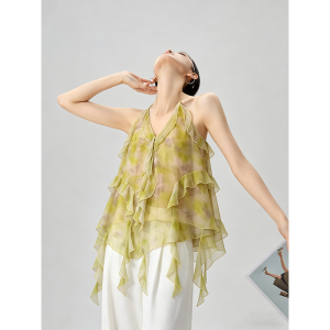 GULILI | Green Printed Ruffle Neck Sleeveless Top