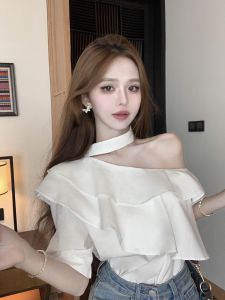 GUZILIAN | Áo sơ mi trắng cổ treo tay ngắn nữ mùa hè thanh lịch gợi cảm Pure Desire phong cách Pháp xếp ly ren cổ cao dáng rộng