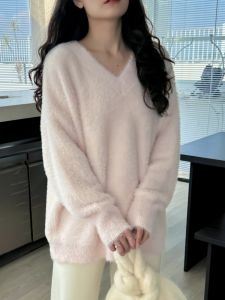 Korean Style Pink Sweater Female Autumn and Winter Lazy Style Loose Fancy V-neck Pullover Soft Glutinous Knitwear Outer Wear Thick
