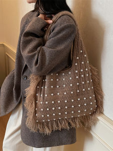 Ladies Large Capacity Knitted Tote Bag Commuter Shoulder Bag Autumn Winter Fashion Casual Luxurious Style Handbag Soft Fabric