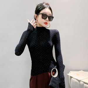 REHIN High-Neck Rhinestone Long-Sleeve T-Shirt – Slim Fit Plaid Jacquard Chic New Autumn Collection Elegant Womens Top