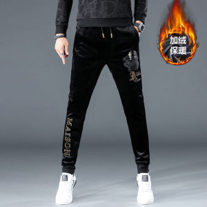 Mens Corduroy Pants Embroidered Gold Thread Velvet Fleece Lined Casual Sports Winter Thickened Warm Long Polyester Spandex