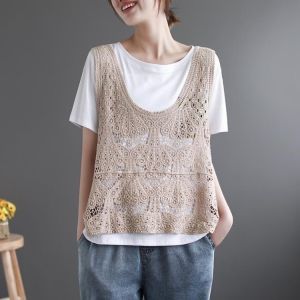 Summer Cut Out Crocheted Sleeveless Camisole Womens Artsy Retro Loose Outer Wear Vest Spring & Fall Thin Thin Thin