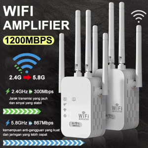 1200Mbps dual-band 5G penguat sinyal WiFi penguat router repeater plug and play 4 antena eksternal sinyal penetrasi dinding kuat dan stabil