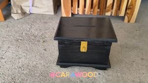 กล่องออมสินใส่เงิน-ของมีค่า ไม้สักทอง [23*18.5*สูง18.5 ซม.] ออมสินใส่เงิน/กล่องใส่เงินสด piggy bank สีดำ