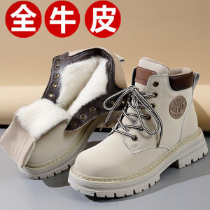 Womens Martin Boots 2024 New Style Thickened Winter Snow Boots Waterproof Rubber Sole Woolen Lined Genuine Leather Short Boots