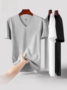 Pure Cotton Mens Short Sleeve T-Shirt Vest V-Neck Thin New 2025 White Sport Style Knitted Summer Clothing Male Fashion