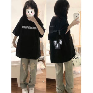 Áo Thun Cotton Phong Cách Pháp Tay Ngắn in Họa Tiết Màu Đen Thời Trang Mùa Hè Thường Ngày Cho Nữ