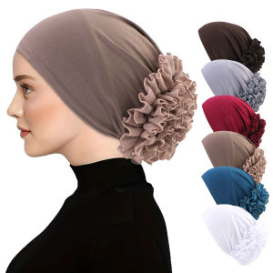 New breathable chiffon hat with large flowers Solid color thin bottom cap Islamic Head Wrap Womens elastic anti hair loss hat