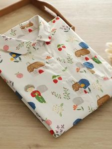 เสื้อเชิ้ตแขนยาวผู้หญิงสไตล์นักเรียนญี่ปุ่นหวานๆ น่ารักพิมพ์ลายการ์ตูนฤดูใบไม้ผลิและฤดูใบไม้ร่วงหลวมๆ คอโปโล