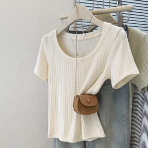 Chic Sweet Spicy Pure Desire Style Short Sleeve U-Neck Show Clavicle T-Shirt Women Summer Slim Fit Korean Version Short Top