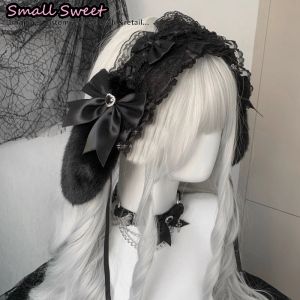Goth Bunny Ear Bow Hair bands Harajuku Gothic Lolita Y2K girl Rabbit ears hair band Punk Lace Ruffled Headband Hair Hoop