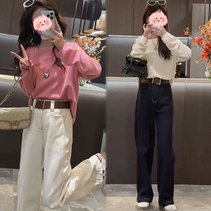 Slimming High Waist Wide Leg Denim Jeans Knitted Top Set Womens Fashion Spring Autumn New Style Two Piece Set Polyester Fiber