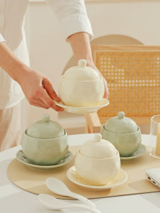 Ceramic Steamed Egg Soup Bowl with Lid Baby Steamed Egg Bowl Baby Supplementary Food Bowl Double-Decker Egg Frying Pan