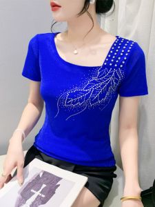 Áo Thun Tay Ngắn Hở Lưng Gợi Cảm Mùa Hè 2024 Áo Thun Nữ Cổ Chéo Khoét Rỗng Lưới Đính Đá Áo Thun Tay Lửng Thời Trang Thường Ngày