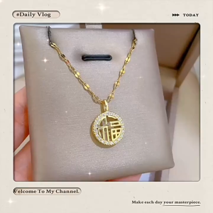 Rantai Leher Stainless Steel Necklace for Women Fashion Anti rust “Fu” Diamond Pendant Chain Choker Jewellery