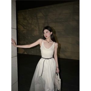 U-Neck High-Waist Sleeveless Dress for Women with Open Back Long A-Line Skirt for Summer Slimming Cold Feeling Pullover