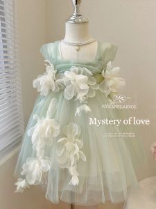 Princess Dress for Girls Summer New Style Floral Strap Mesh Fairy Skirt Short Sleeve Korean Style Childrens Clothing Baby Girl Dress