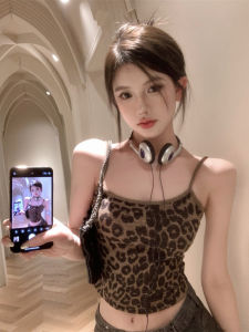 Áo Ba Lỗ Hở Lưng Họa Tiết Da Báo Cổ Treo Cổ Phong Cách Retro Dành Cho Nữ Mùa Hè Ôm Vừa Vặn Ngọt Ngào Mát Mẻ Ngắn Áo Ba Lỗ Lót Lông Cừu