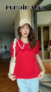 เสื้อคอปกแหลมแต่งริบบิ้นตัดสีแขนตุ๊กตา