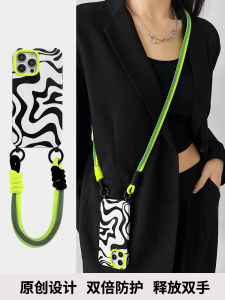 Apple 15Pro Max Black White Line Film Crossbody Phone Case Anti-Fall Protection Shell Handheld Strap Diagonal Crossbody Simple Style