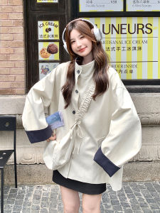 Womens Loose Casual Style Stand Collar Windbreaker Coat Color Block Design Autumn Fashion Outerwear Polyester Fiber