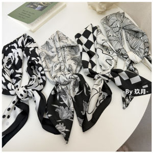 Khăn Choàng Lụa Nhỏ in Hoa Hoa Cúc Đen Trắng Cổ Điển Phong Cách Retro Cho Phụ Nữ Trẻ Thời Trang Mùa Đông Xuân Thu