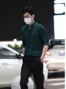 New Chinese Style Lightweight Shirt Mens Summer High End Five Sleeve Dark Green Casual Korean Version Loose Fit Breathable