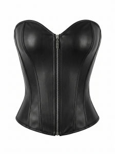 Women Faux Leather Overbust Corset Sweetheart Front Zip Back Lace Up Waist Cincher Gothic Halloween Party Club Wear