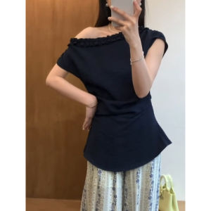 YUEZHONGWEI | Áo sơ mi nữ tay ngắn mùa hè kiểu Pháp không đều eo thắt chặt thiết kế độc đáo áo bó sát cổ chun chất liệu cotton pha trộn