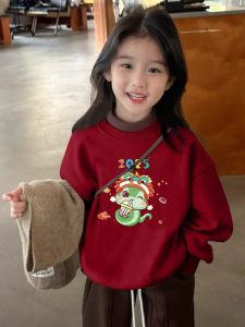 เสื้อสเวตเตอร์คอวีหนาสำหรับเด็กผู้หญิง สีแดงมะรุม ฤดูใบไม้ร่วง/ฤดูหนาว เสื้อผ้าเด็ก แฟชั่น เสื้อผ้าเด็ก ผ้าขนแกะ ผ้าฝ้าย โพลีเอสเตอร์