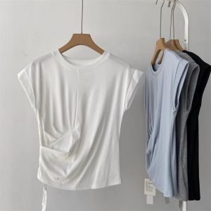 Áo Thun Tay Ngắn Bằng Cotton Modal Ôm Vừa Vặn Cho Nữ Mùa Hè Phong Cách Mới Không Đều Xếp Ly Áo Thun Đa Năng