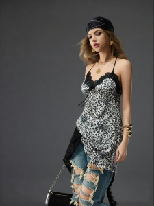 Mybody | Seductive Leopard Lace Hollow Back Hanging Neck With Padded Straps Sleep Dress