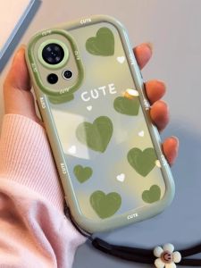 Full Cover Shockproof Huawei Nova12Pro Phone Case in Cream Green Silicone with Lanyard Floral Design Elegant Soft Protective Cover