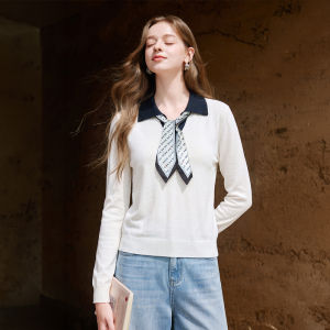 XIANGYING | Áo Sơ Mi Knit Cổ Polo Dài Tay Kèm Khăn Lụa Vải Linen Trắng