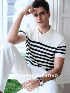 GIOVANNI VALENTINO | Stripe Knit Sea Gull Collar Casual Polo Shirt