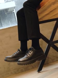 Derby Shoes Black Leather Shoes For Men Low Top Laced-Up Office Shoes With Rubber Middle Heel Shoes