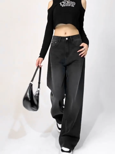 FALSE 9 Jeans Wanita Celana Panjang Highwaist Hitam Baggy Kulot Korean Style