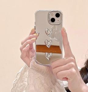 🔥COD🔥3D เคส Kaca Rias หัวใจรักสีเงินสเตอริโอเข้ากันได้กับ iPhone 16 15 14  13 12 11Pro Max 14 Pro 13 Pro 15 Pro Max 11 13 14 14 Pro Max 11 13 14 12 16 Pro Max ฝาครอบอะคริลิคโลหะชุบหรูหรากันกระแทก Plating Soft Shockproof Makeup Mirror Phone Case