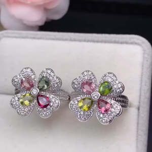 Montagne Jewelry Natural 4x5mm Rainbow Tourmaline Ring for women Four leaf Clover Design Fine Jewellery 925 Silver Ring