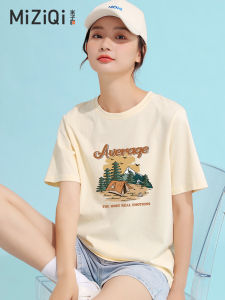 Mizhiqi Pure Cotton Half Sleeve T-Shirt Women Summer New Korean Style Casual Loose Overhead Base Shirt round Neck Print Youth